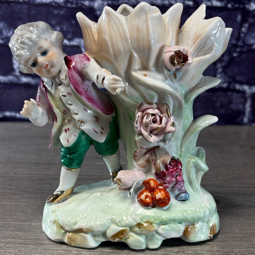 Vintage Porcelian Bisque Victorian Boy Double Bud Vase
